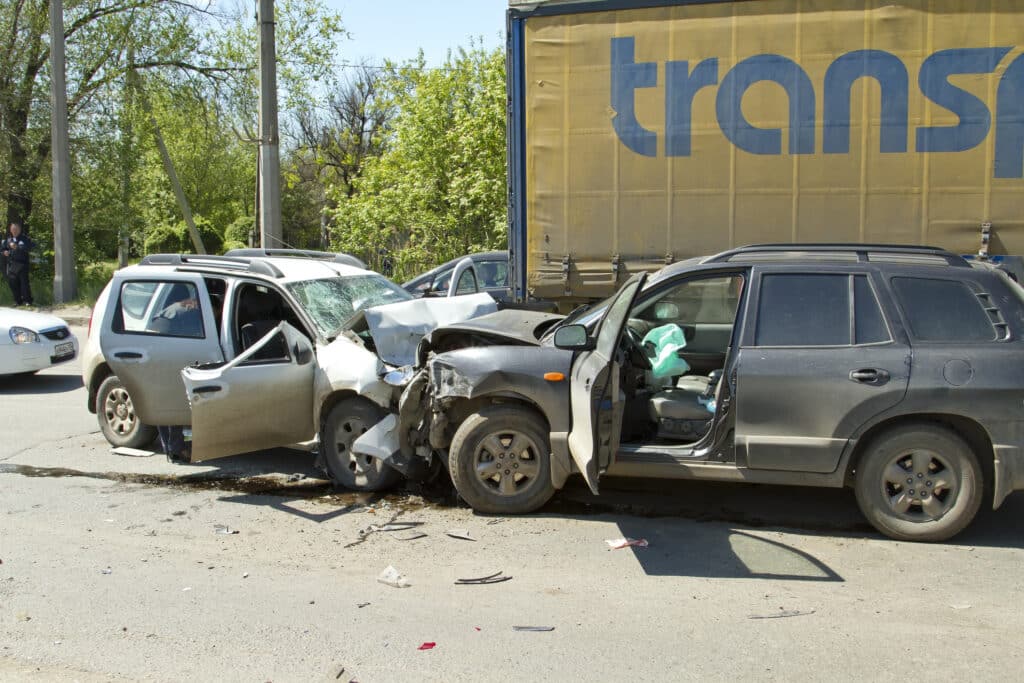 Two cars wrecked after a head-on collision