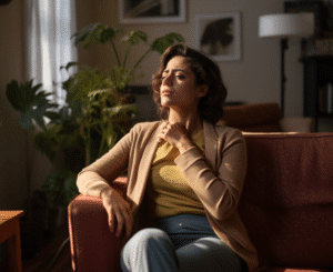 A woman coughing while sitting on her couch
