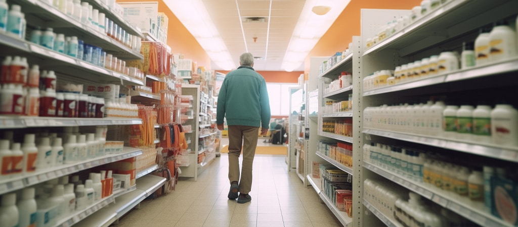 a man walking down the aisle of a drug store looking at the products