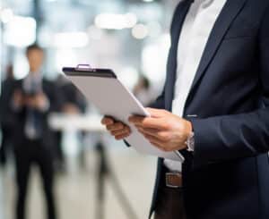 A federal inspector standing up reviewing a clipboard 