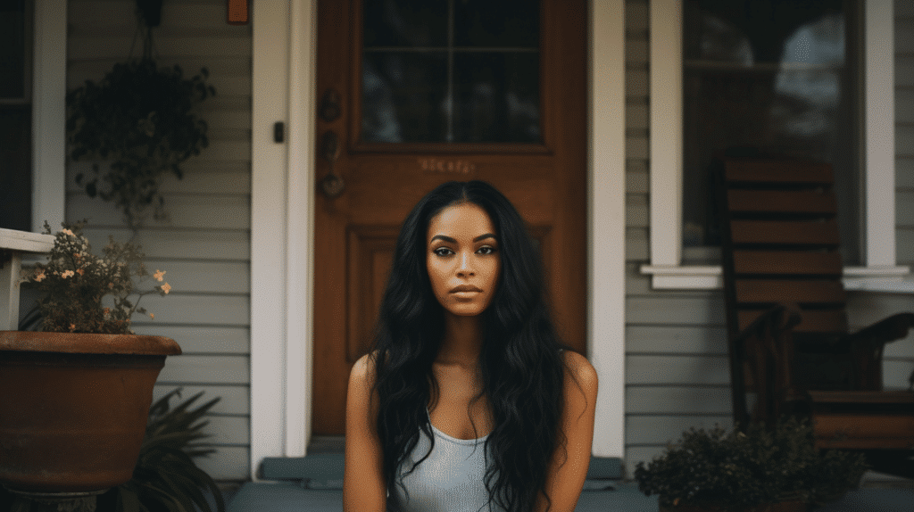 A woman sitting on the front door step