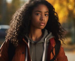 A young woman walking outside with a concerned look on her face