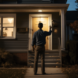 A man waving outside of his neighbors house before knocking on the door