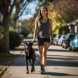 A woman walking her dog safely down a suburban sidewalk