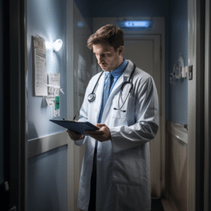 A doctor preparing to evaluate a patient who has been bitten by a dog