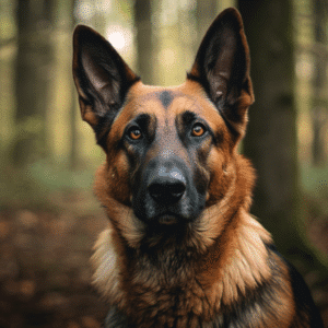 German Sheppard sitting in a forest of Illinois