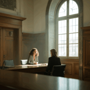 A lawyer with a car accident victim in the lawyer's chamber