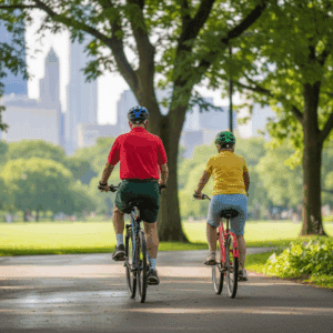 An elderly Chicago couple riding bicycles