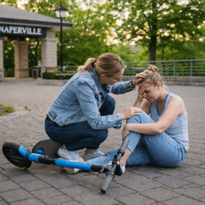 Woman consoling another after an e-scooter accident in Chicago