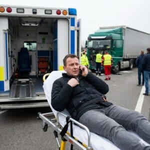a truck accident victim on a stretcher, behind the ambulance